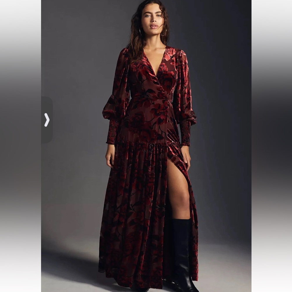 Women's Black Floral Velvet Wrap Maxi Dress | S